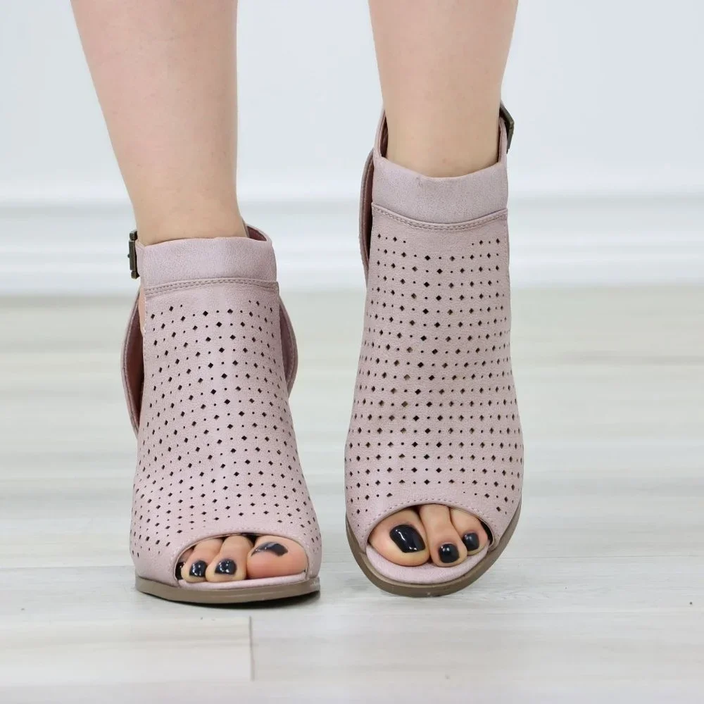 Peep Toe Mauve Faux Leather Heeled Ankle Booties - Picture 8 of 11